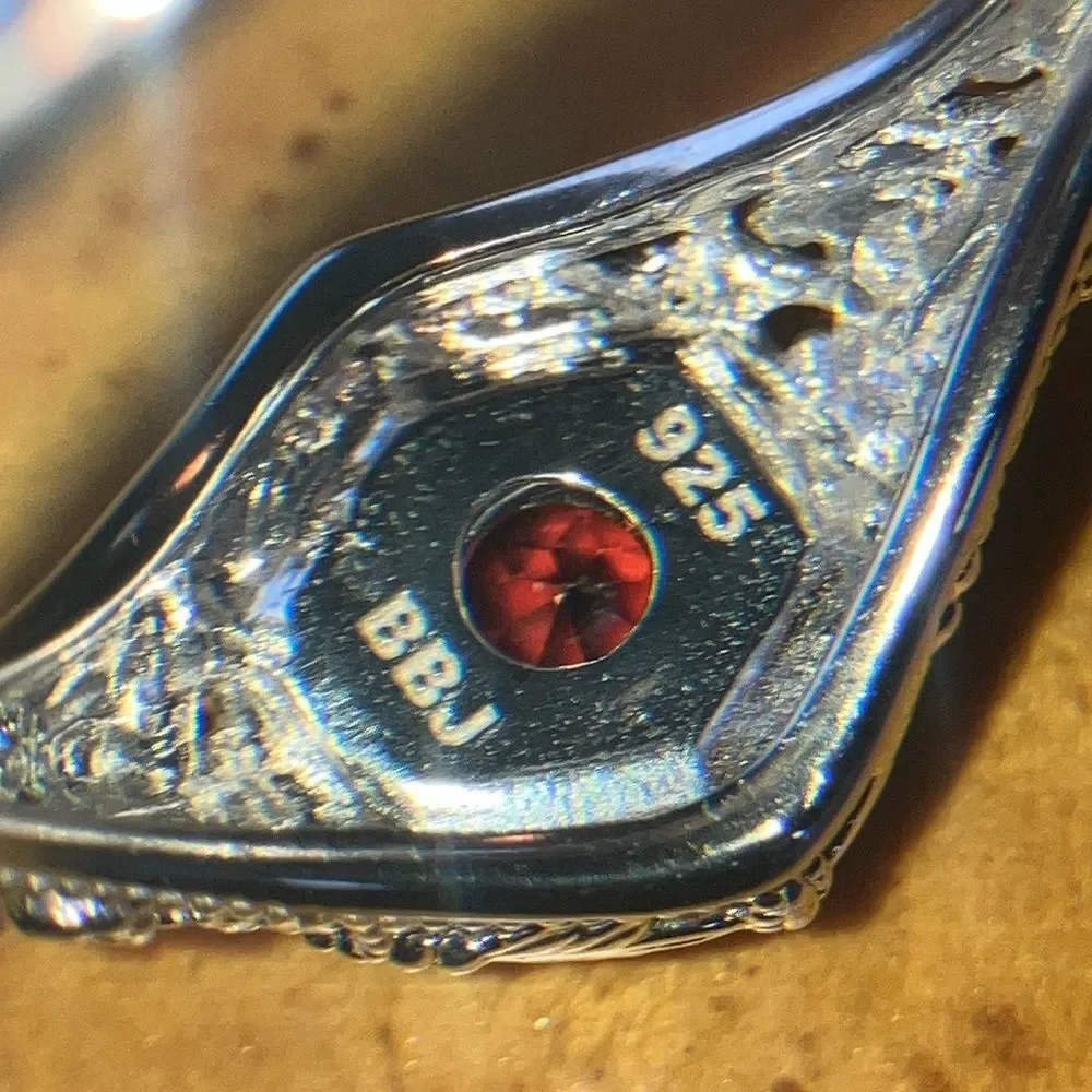 Natural Red Garnet Sterling Silver Art Deco Ring Size 9